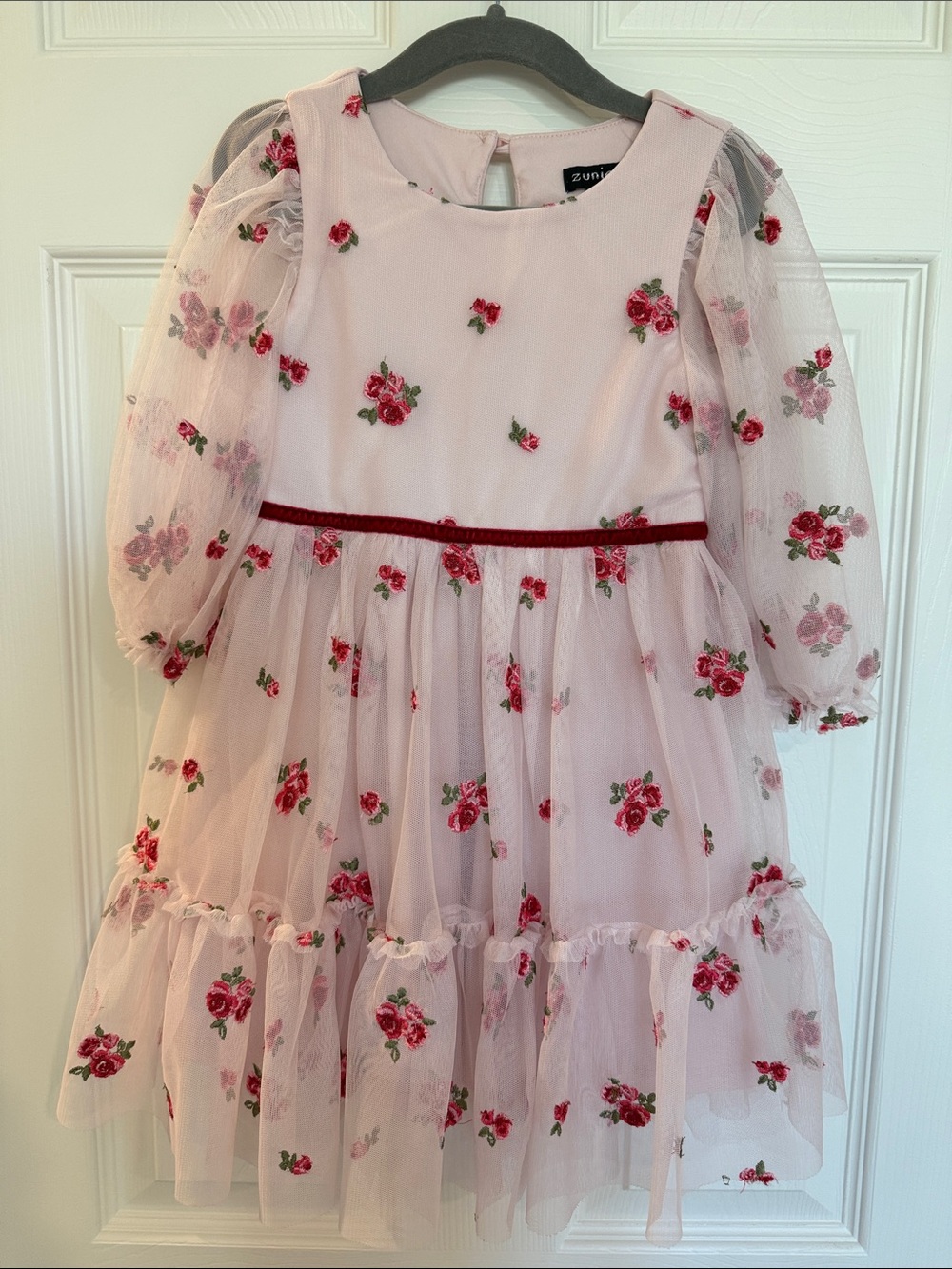 Zunie Pink Floral Tulle Dress with Red Rose Embroidery